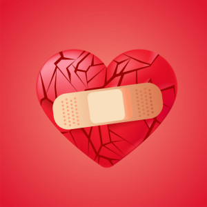 Broken heart sealed with medical bandage. Red glass shards. Vector realistic illustration